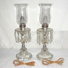 Pair Of Vintage Gl Lamps With Prisms Er Mantle Boudoir Vanity Pair Of Vintage Gl Lamps With Hanging Crystals