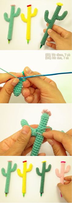 Cactus Pencil Cozy Set of 3 Crochet Green Pink Pen