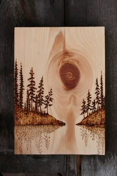 The beautiful knot and grain in the wood inspired this piece. The sun streaked sky seems to spill down over the landscape in peaceful stillness. Signed and dated on the back with a hook for hanging. Measures 13 inches tall by 9 1/2 inches wide on solid white pine wood 3/4 inches Woodworking Quotes, Woodworking Basics