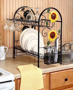 Sunflower Country Kitchen Decor Collection Iron Farmhouse Rustic Dish Rack 2 Tier Metal Sunflower Rooster Le Country Kitchen Decor E Saver Unbranded