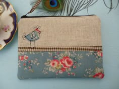 Handmade Shabby Chic Coin Purse Cosmetic Makeup bag, Cath Kidston fabric, Slate Blue Bunch, Hen Chick applique embroidery, Oatmeal Linen on Etsy, $18.85 Handmade Purses, Small Bags