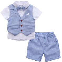Dinlong Toddler Baby Boy Kids Gentleman Short-Sleeved Solid Color Tops Shirt Vest Shorts Bow Tie 4Pcs Outfits Set