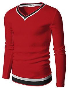 YUNY Men Stripe Long-Sleeve Relaxed Stylish Buttoned Slim T-Shirts Red 2XL