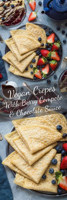Vegan crepes with berry compote and chocolate sauce - easy, tender, egg and dairy free pancakes with a delectable chocolate sauce and mixed berry compote. Perfect for pancake day! #vegan #plantbased #pancakes #breakfast