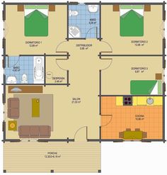 planos de casas con 3 dormitorios y dos baños, de una planta (80 metros cuadrados) - Buscar con Google Casas Tipo Hacienda, Duplex House, Home Design Plan, Two Bedroom House