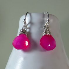 Swarovski Pearl Sterling Silver Drop Earrings Hot Pinkfuchsia Chalcedony Drop By Saranoltedesign On Etsy Earringshot Pink