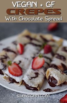 Vegan crepes with a low-fat chocolate spread filling! These thin pancakes are egg-free and perfect as a decadent breakfast or dessert. The recipe is plant-based (dairy-free), gluten-free, refined sugar-free, pretty healthy, and easy to make. #vegancrepes #crepes #glutenfreecrepes #vegandessert #veganbreakfast #elasrecipes | elavegan.com