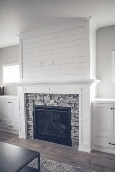 Image result for grey stacked stone fireplace white built ins #Livingroomideas White Built Ins, Living Room With Fireplace, Contemporary Fireplace, Corner Fireplace, Built In Cabinets, Fireplace Shelves