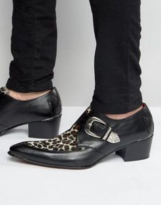 Mens Chain Decor Nightclub Pointed Toe Cuban Heels Buckle Shoes Fashion Leather