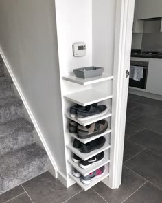 Shoe Storage Our house has a really small entryway meaning theres not much room for things like shoe racks or coat racks etc. So all our shoes have just been pushed to the side behind the door in a right annoying mess Well until I can up with an idea to utilise this little tiny corner in the entry way build some shelves so we can have somewhere to put our shoes In total I recon this has cost 25(ish?). We got the wood form the IKEA bargain bin which Matthew measured and cut last week Home Organisation, Shelving, Home Organization, Small Space Bedroom, Bedroom Diy, Diy Home Decor On A Budget