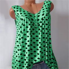 Vintage Sleeveless Tank Top V Neck Pleated Chiffon Polka Dot Vest for Women