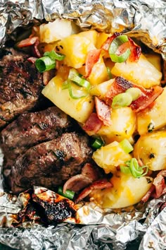 Steak & Cheesy Bacon Potato Hash Foil Packs can be cooked on the grill, stove top OR oven! Two favourites cooked in ONE PACK means NO pans to wash up!!