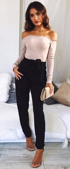 Winter Outfits Gray Off Shoulder Long Sleeved Shirt And Black Pants Outfit Winter Outfits Gray Off Shoulder Long Sleeved Shirt And Black Pants Outfit