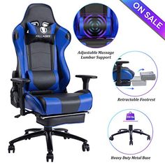 Gaming Chair PC Computer Game Chair Office Chair Desk Chair Lumbar Support with Footrest Modern Task Rolling Swivel Racing Chair-Blue