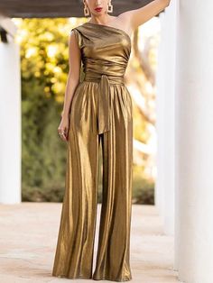 Oillian Women Summer Solid Cold//Off Shoulder Wide Leg Belted Casual Loose Long Pents Jumpsuits
