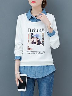 ARTFFEL Women Plus Size Casual Crewneck False Two Buttons Trim Pullover Sweatshirt Tops