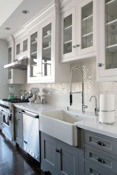 Grey/white kitchen w/ dark wood floors. Farmhouse sink. Kitchens, New Kitchen, Kitchen Dining Room, Kitchen Decor