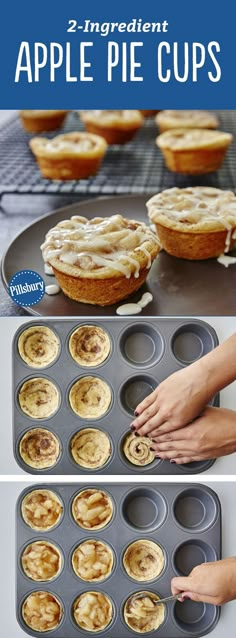 Yes, you can make tasty apple pie cups with just two ingredients! All you need is a can of Pillsbury™ refrigerated cinnamon rolls and some apple pie filling for an easy fall-inspired treat that serves a crowd. For a little something extra, we recommend serving with a large scoop of vanilla ice cream. Expert tip: Use a nonstick muffin pan for easiest removal. PS: Have you heard the good news? Pillsbury Cinnamon Rolls now have more icing (so this recipe is extra gooey and delicious)! Brownies, Foodies, Mini Desserts, Pillsbury, Foods, Coffee Online