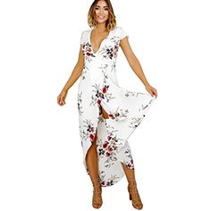 AKwell Women Casual Slit Print Long Sleeve V-Neck Lace High Waist Ladies Long Maxi Dress