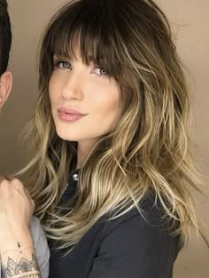 Balayage With Fringe, Brown Hair With Fringe, Medium Length Hair Styles, Curly Hair Styles, Medium Lengths, Wavy Bangs, Side Bangs, Long Bangs, Mid Length Hair With Bangs