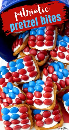 These fun Patriotic Pretzel Bites are the perfect Fourth of July dessert for a 4th of July Party. So easy to make and so sweet, salty and delicious. This yummy 4th of July treat is a true crowdpleaser.  Pin this 4th of July snack for later and follow us for more great 4th of July food ideas. #4thofJuly #fourthofjuly #4thofJulyTreats #PretzelBites #4thofJulyDesserts #4thofJulyFood Brownies, Packaging, Pretzel Bites