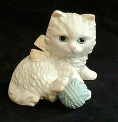 Tuxedo Cat Kitten Laying Down with Ball Black and White Ceramic Cat Figurine