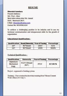 10 sample resume format for bcom freshers job resumed model resume for mechanical engineer freshers