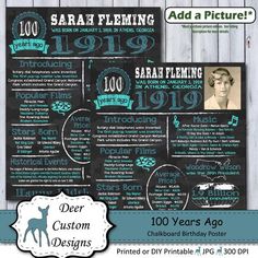 Born in 1919 100th Birthday Chalkboard Poster Sign Photo Prop Print