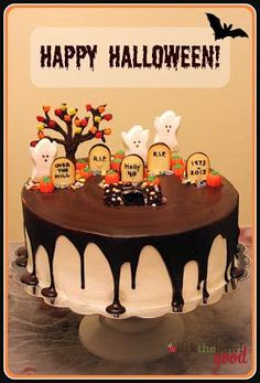 cute halloween cake using ghost peeps milano tombstones and harvest mix pumpkins recipe