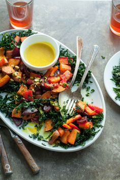Roasted Root Vegetable Kale Salad With Creamy Turmeric Dressing