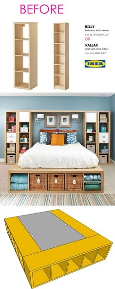 20+ Smart and Gorgeous IKEA Hacks: save time and money with functional designs and beautiful transformations. Great ideas for every room such as IKEA hack bed, desk, dressers, kitchen islands, and more! - A Piece of Rainbow Diy Furniture Bedroom, Bedroom Diy, Trendy Bedroom, Furniture Nyc, Furniture Ideas, Kitchen Furniture, Furniture Design, Furniture Removal, Ikea Hacks Bedroom Bed