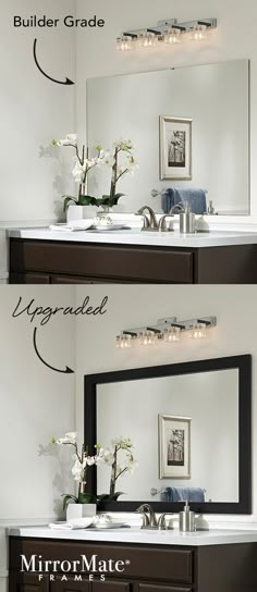 Diy Bathroom Mirror Frame For Under 10 Remodel Ideas Here S An Easy Upgrade For A Builder Basic Wall Mirror Add Custom Mirrormate Frame