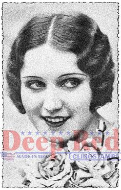 Deep Red Rubber Stamp Vintage Style Woman Portrait