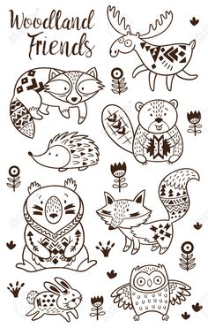 Woodland Animal Coloring Pages For Kids Hand Drawn Vector On
