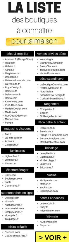 La liste des boutiques à connaître pour la maison (déco, mobilier, rangement, magasins discount, courses en ligne,...) http://www.homelisty.com/magasins-deco-et-meubles-en-ligne/ Online Shopping, Home Organisation, Checklist, Design De Interiores