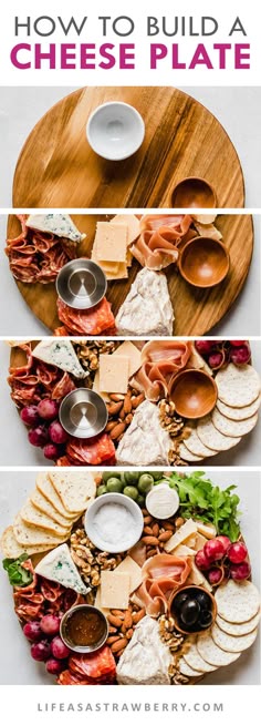 How to Make a Cheese Plate with step by step instructions and photos! It's easy to make a gorgeous cheese plate presentation with a few simple ideas. This appetizer can be vegetarian or rounded out with meat, sausage, and other charcuterie. Use grapes, figs, herbs, and any of your other favorite snacks to make an ultimate cheese board in just a few minutes - and you can even do some pieces ahead of time! | lifeasastrawberry.com
