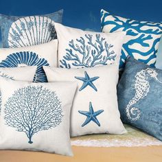 mist gris ou surf beige nautique Oreillers Housses de coussin coquillages bleu marine