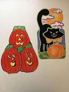 vintage halloween die cut paper decoration eureka flocked pumpkins flocked cat ebay
