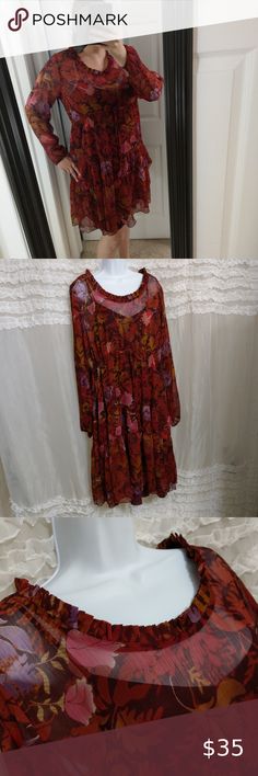 New Sahalie Size Large Floral Long Sleeve Peasant Dress Lace Boho Pleated front