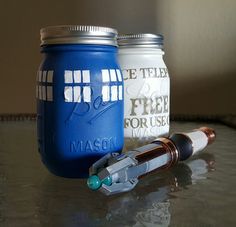 Tardis Painted Mason Jar Doctor Who Flower Vase Rustic Decor Mason Jars Doctor Who Jar Set Tardis And By Allonsydecor