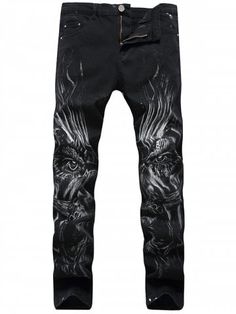 Zainafacai Mens Fashion Casual Slim Fit Straight Leg Painted Letters Printed Jeans Pants