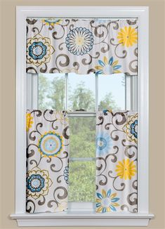 Modern Kitchen Curtain Panel With Brightly Colored Flowers In Our One Of Our Most Por Patterns Pom Play Spa These Fl Kitchen Curtains Have Grey Scrolls And Blue Yellow Flowers With A Hint Green