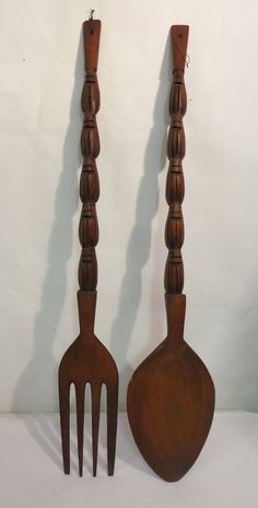 Vintage Wall Decor Fork And Spoon Wood Giant Oversize Mid Century Jumbo Wooden Fork Spoon Filipino Tiki Kitchen Decor