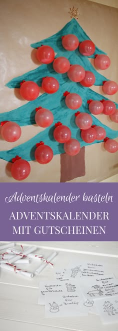 Adventskalender basteln: Dieser Weihnachtsbaum Adventskalender mit Luftballons eignet sich sowohl als Kinder Adventskalender als auch als Adventkalender für Erwachsene. Statt einen Adventskalender mit Süßigkeiten oder einen Adventskalender mit Geschenken zu basteln, kann man auch einen Gutschein Adventskalender selber machen. In den Luftballons bzw. Weihnachtskugeln befinden sich jeweils ein Gutschein für eine weihnachtliche Aktivität. Diy, Basteln, Deko, Diy Advent Calendar, Knutselen, Kindergarten, Bricolage Noel, Make An Advent Calendar, Christmas Activities