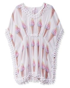Stella Cove Big Girls White Flamingo Print Pom-Pom Beach Cover-Up Poncho 8-14