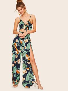 MAKEMECHIC Womens Two Piece Ruffle Trim Cami Crop Top and Wrap Skirt Set