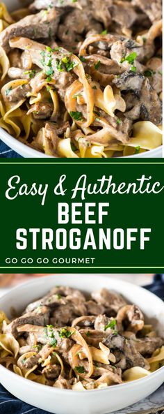 This easy homemade beef stroganoff is the best authentic recipe out there! (Even better than the Food Network's Pioneer Woman!) Ready in under 30 minutes, you can use a variety of beef cuts depending on your budget. #authenticbeefstroganoff #comfortfood #easydinnerrecipes #beefstroganoff #gogogogourmet