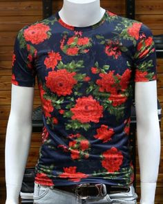 Red rose flower t shirt Viscose short sleeve mens floral t shirts Floral, Embroidered Tshirt, Embroidered Crop Tops