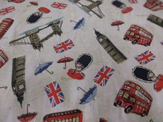 Polycotton Fabric London Eye Big Ben Royal Crown Union Jack Bus Taxi