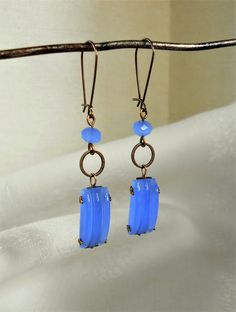 Faceted Crackled Glass Drop Earring Montana Blue Bezel Set Silver Ear Wire